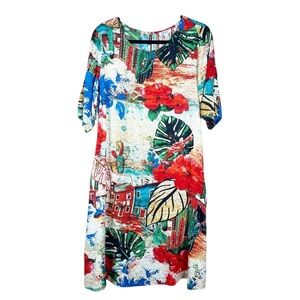 Orientique Naturally Australian Dress Size Large Red Floral A-Line Hawaiian